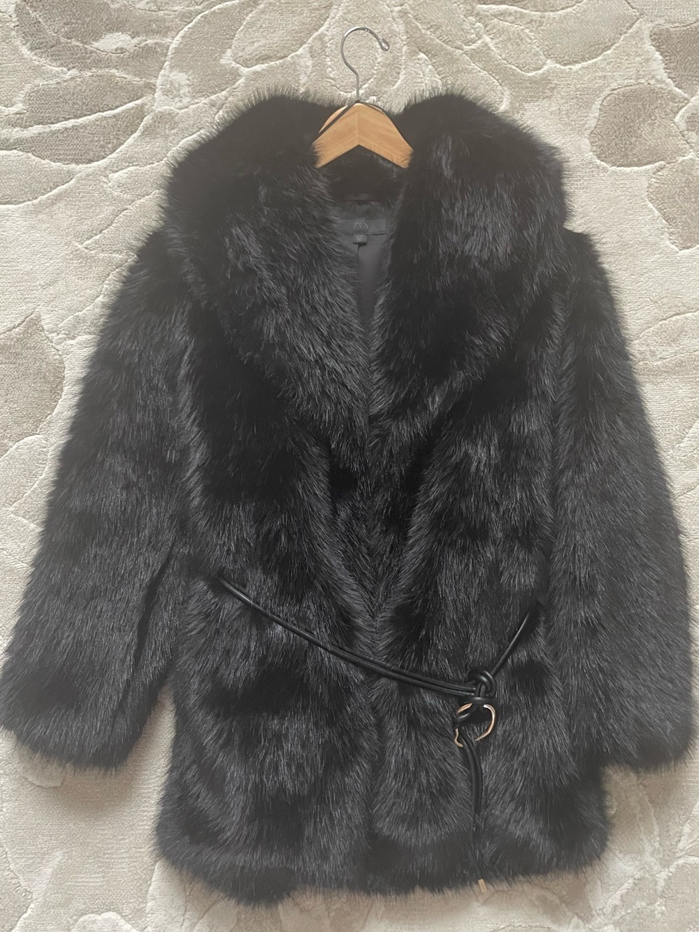 Zara Black Fur-Style Coat with Belt